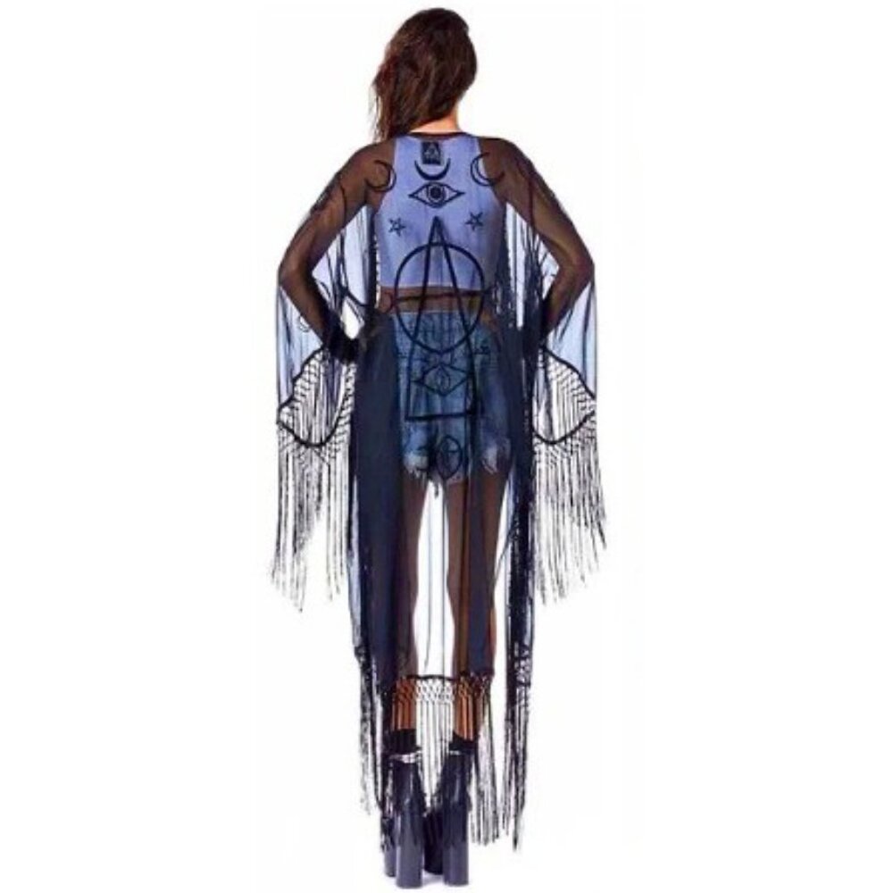 "🦋💋HOT ITEM! 💋🦋VTG 2013 UNIF Black "Wiccan" Embroidered Fringed Maxi Kimono - Picture 3 of 16